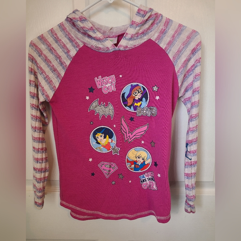 (1584) DC Super Hero Girls Hoodie Long Sleeve Shirt,  Size: Medium Color: Pink
